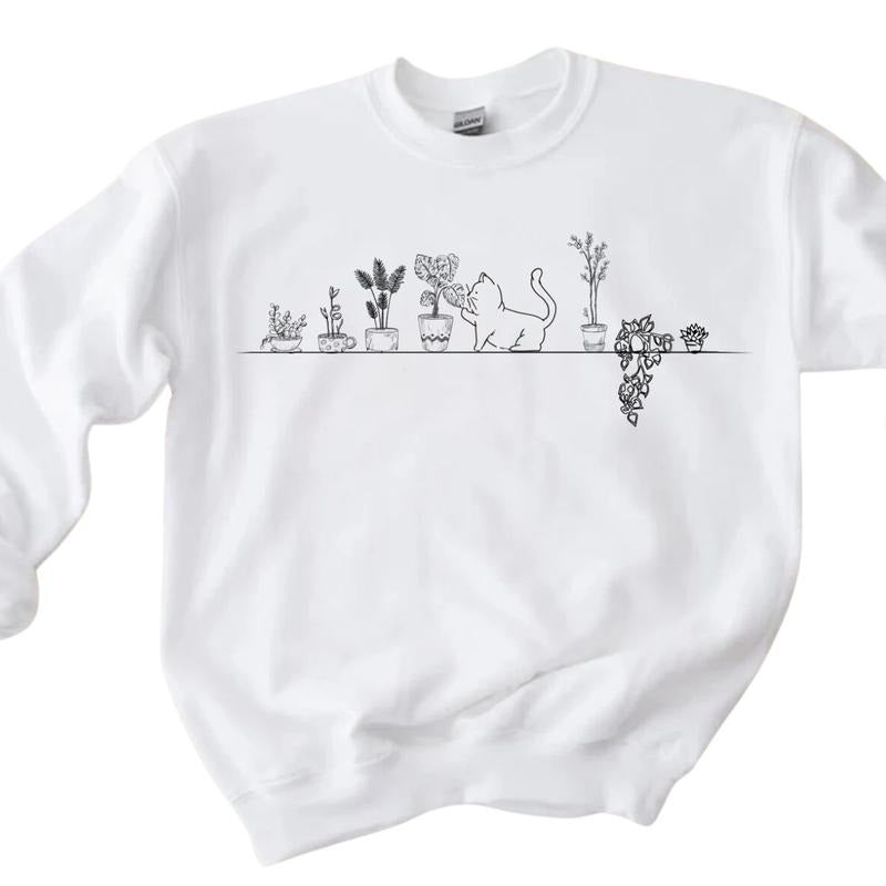 Cat And Plants Sweatshirt, Cat Lover Sweater, Plant Lover Outfit
