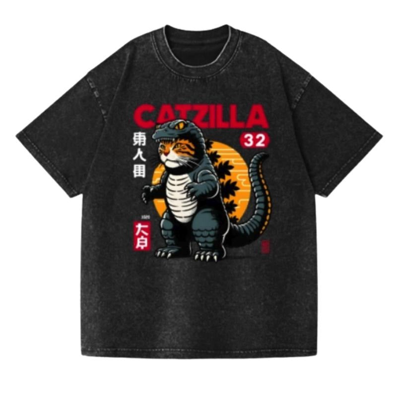 Cat Godzilla Vintage Wash Japanese Design T-Shirt Womenswear Streetwear Summer Crewneck Tshirt