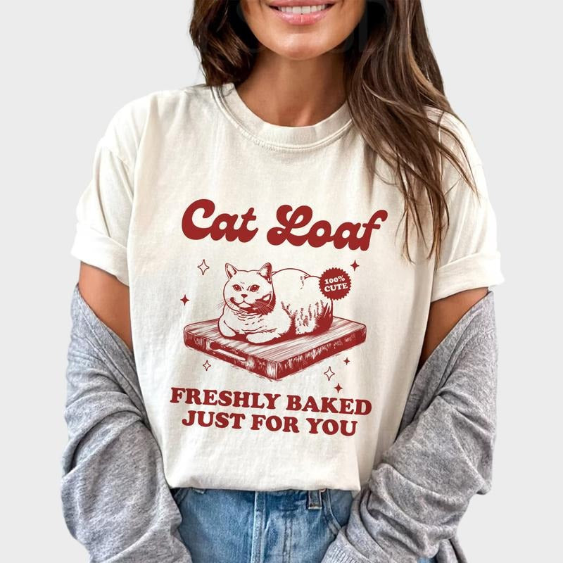Cat Loaf Shirt, Trendy Cute Cat T-shirt For Women, Cat Lover Gift, Funny Cat Comfy Oversized Graphic Tee, Retro Cat Tops For Women, Women's Tops, Womenswear Cotton Fabric Relaxed Chic Style
