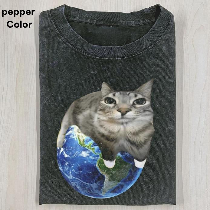 Cat peeking over Earth T-SHIRT, WACKY CAT T-SHIRT, FUNNY CUTE CAT, Casual, Graphic Tee, funny shirts for women, funny tee shirt Womenswear