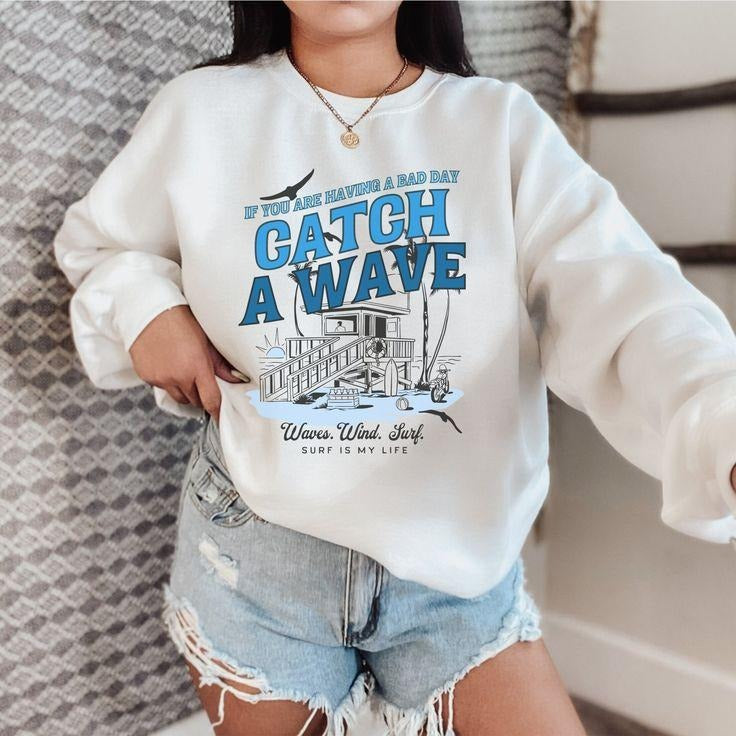 Catch Waves Sweatshirt, Trendy Sweatshirts for Women, Wave Design Summer Beach Sweatshirt ,