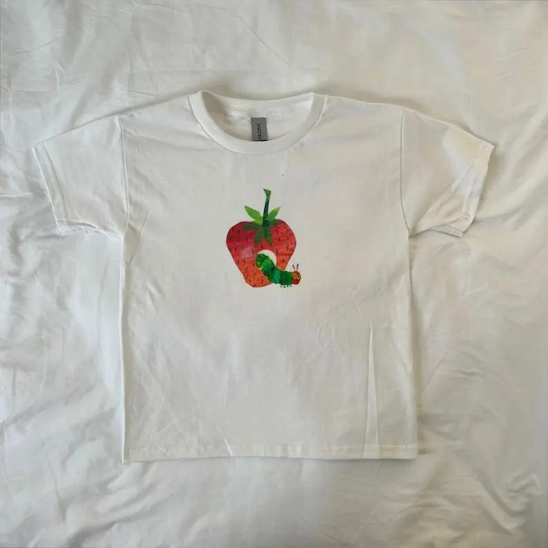 Caterpillar Eating Strawberry Baby Tee, vintage, Coquette, Pinterest, The Very Hungry Caterpillar, kawaii streetwear, ahs style, soft girl