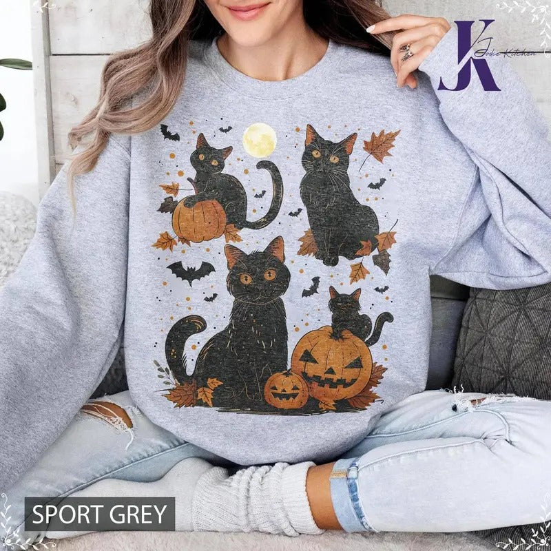 Cats And Pumpkins Shirt, Black Cat Halloween Shirt Autumn Shirt Cute Fall T-Shirt Halloween Shirts Spooky Season Shirt Cute Halloween Shirt Top Womenswear