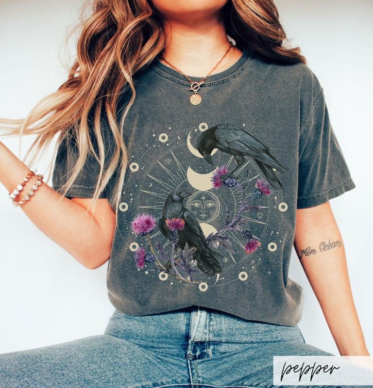Celestial Ravens and Thistles T-Shirt, Bird Lover Moon Phase Floral Gift, Whimsigoth Mystic Mama Witchy Crowcore Gift Idea