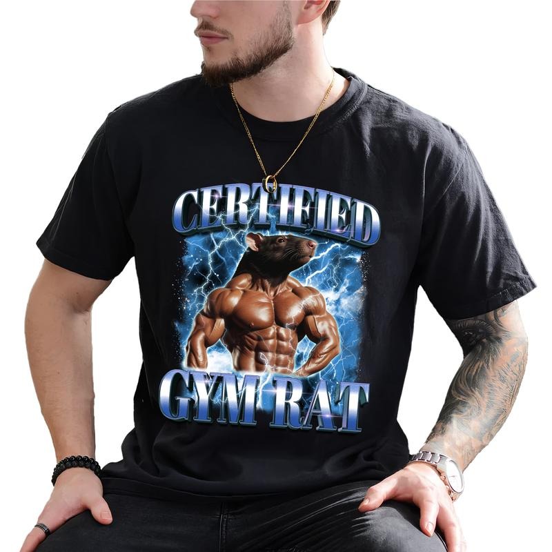 Certified Gym Rat Funny Vintage 90s Style Graphic Tee, Funny Gym Meme Rap Tee Style For Men, Pump Cover Rat Unhinged Tee, Funny Gift For Gymer