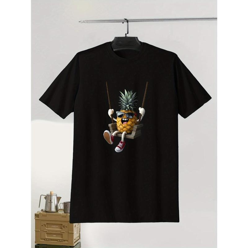 Character Anthropomorphic Pineapple Swinging Print, Men's Niche Crew Neck Tees, Casual Comfy T-shirts For Men, Clothing Tops For Summer made in usa