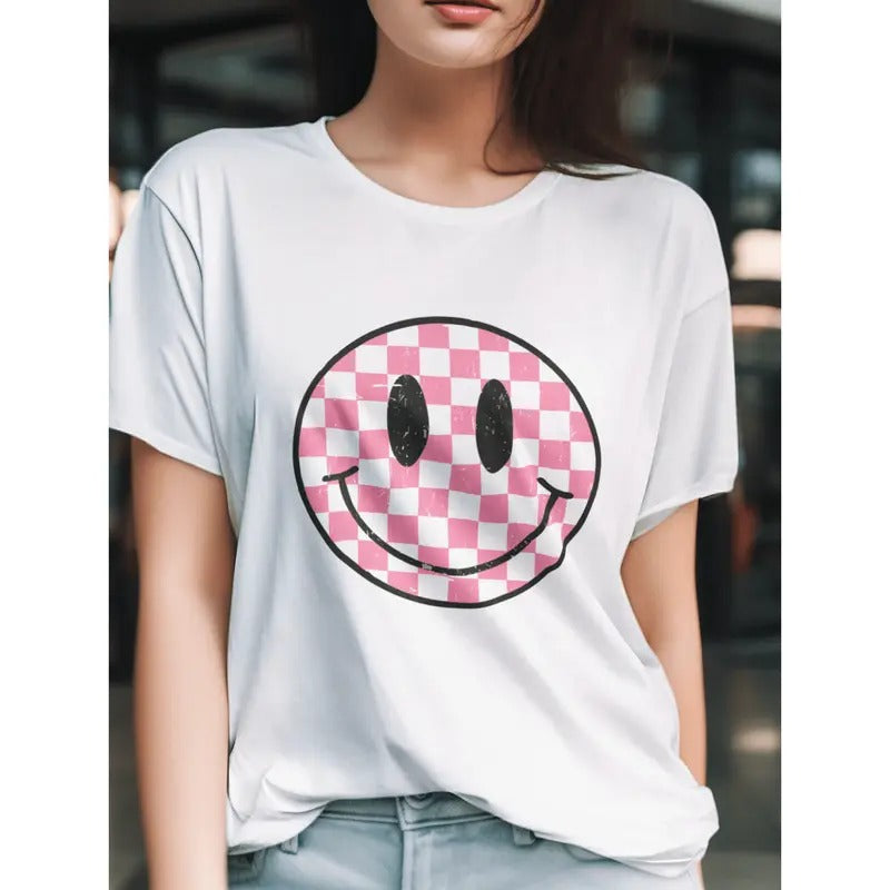 Checkerboard Smiley Adult Graphic Natural-Red Shirt graphic shirt, shirt style, funny teeshirt, summer tshirts, cool tshirts, female shirt, cute shirt