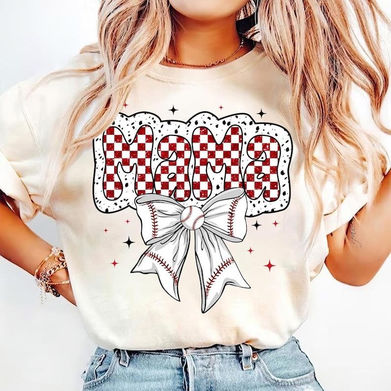 Checkered Baseball Mama, Coquette Baseball, Game Day, Baseball Bow, Sports, Dalmatian Dots, Baseball Team Spirit Tshirt