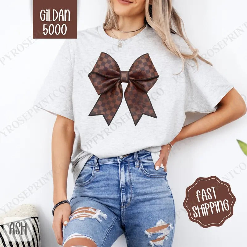 Checkered Coquette Bow Gildan, Bow Women's Tee, Cute Women's Tshirt Plus Sizes