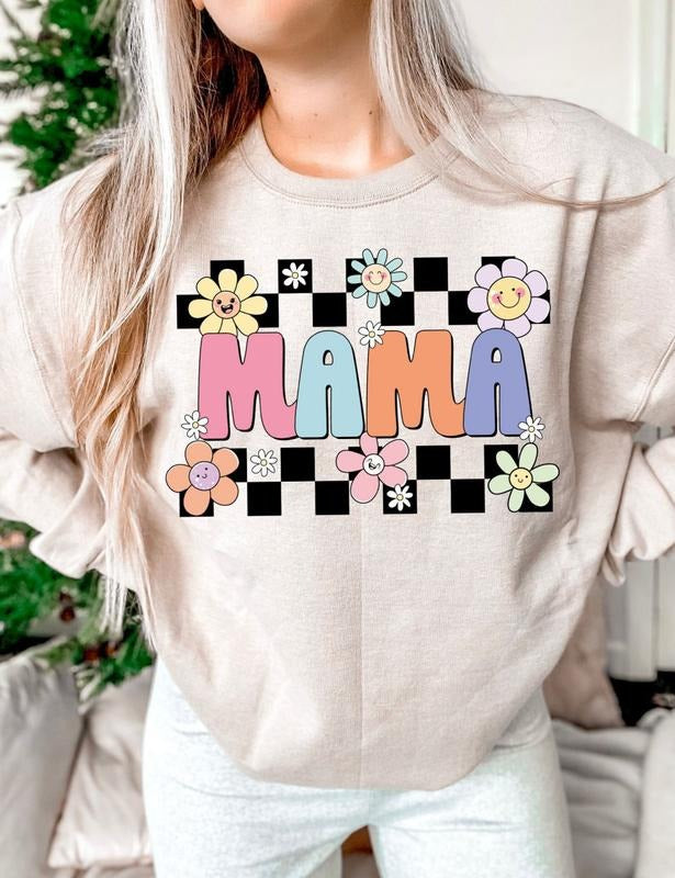 Checkered Flower Mama Sweatshirt, Groovy Mama Tee Shirt, Smiley Face Mama Sweater, Floral Mama T-Shirt, Retro Mommy T-Shirt, Cool Mom Crewneck Sweatshirt, Best Mum T-Shirt, Mom Life Shirt, Mother's Day Shirt, Best Gift For Mother's Day