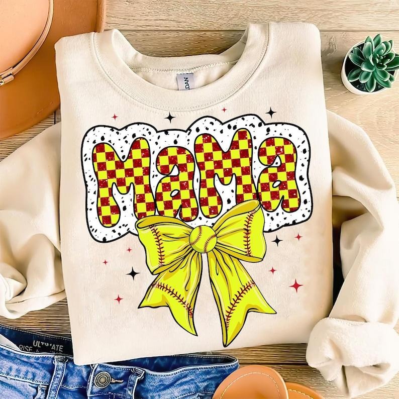 Checkered Softball Mama , Coquette Softball , Game Day , Softball Bow , Sports , Dalmatian Dots, Softball Team Spirit Sweatshirt