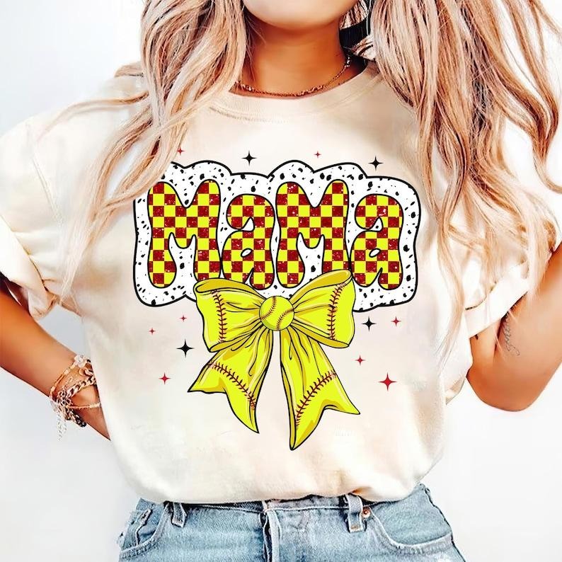 Checkered Softball Mama, Coquette Softball, Game Day, Softball Bow, Sports, Dalmatian Dots, Softball Team Spirit Tshirt