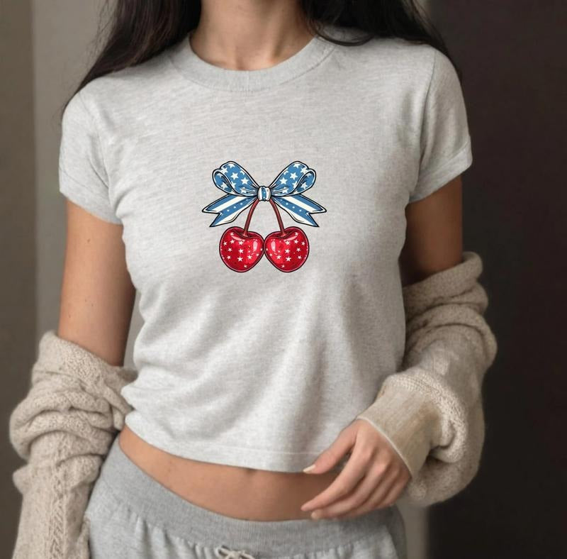 Cherries 4th Of July Baby Tee, Coquette Bow USA Flag Baby Tee, USA Independence Day T-Shirt, 4th Of July Baby Tee, Fourth Of July Baby Tee
