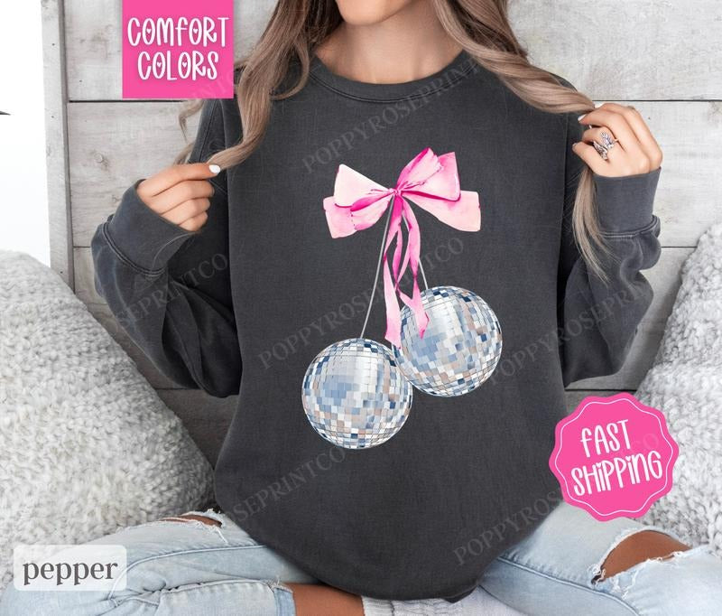 Cherry Disco Bow Comfort Colors Sweatshirt, New Year's 2025 Women's Crewneck, NYE Women's Sweater