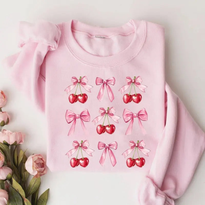 Cherry Sweatshirt, Trendy Valentines Sweater, Cherry Valentine Shirt, Pink Bow Shirt, Coquette Bow Shirt, Valentine Day Gift, Social Club Tee