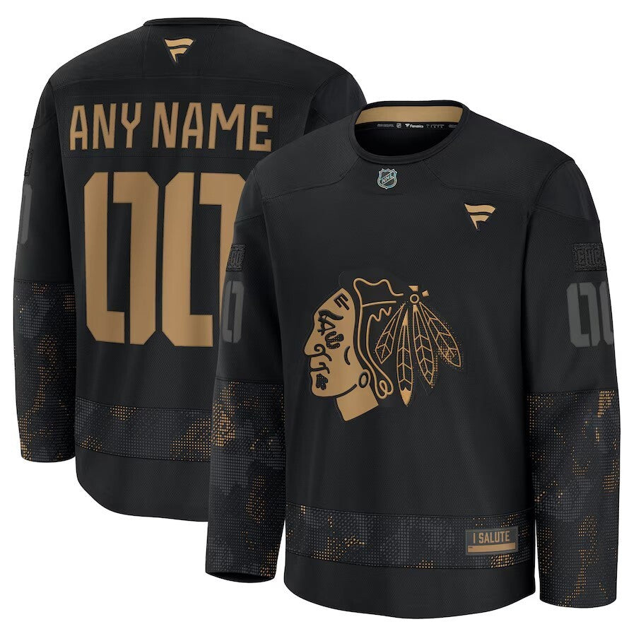 Chicago Blackhawks 2024 Military Appreciation Personalized Long Sleeve Practice Jersey - Black