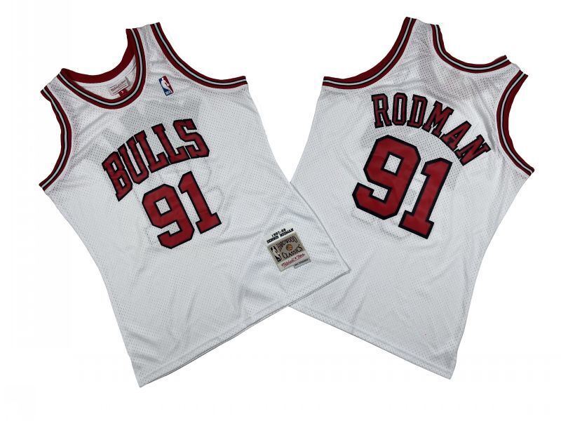 Chicago Bulls #91 Dennis Rodman Bulls 91 # White 97-98 Season Mitchell Retro Jersey -- Scottie . Pippen Style 2