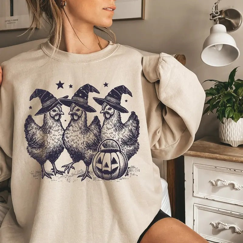 Chicken Witches Funny Halloween Sweatshirt, Vintage Chicken Witch Sweater, Funny Women Halloween Gift, Funny Halloween Tee
