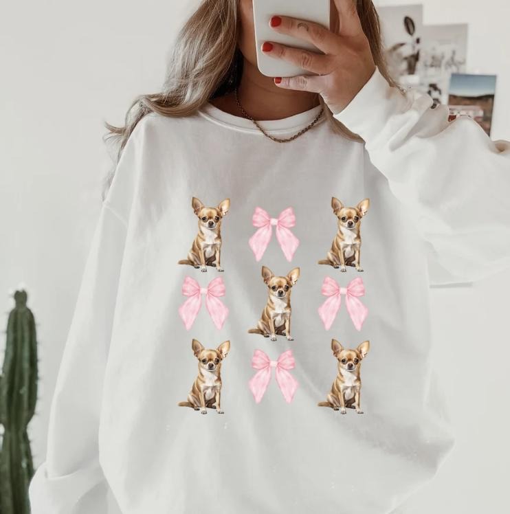 Chihuaha and Bows Crewneck ~ Sweatshirt Unisex Apparel Relaxed Fit Printed in the USA Clothing Womenswear Casual and Comfortable
