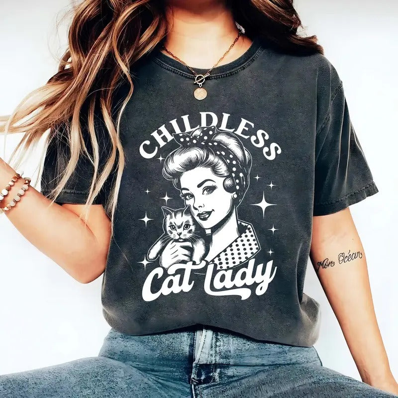 Childless Cat Lady Vintage T-Shirt, Against Fascism Shirt, Rocker Tee, Vote 2024, Feminist Voting Shirt, Pro choice, Liberal Tee, Team Cat