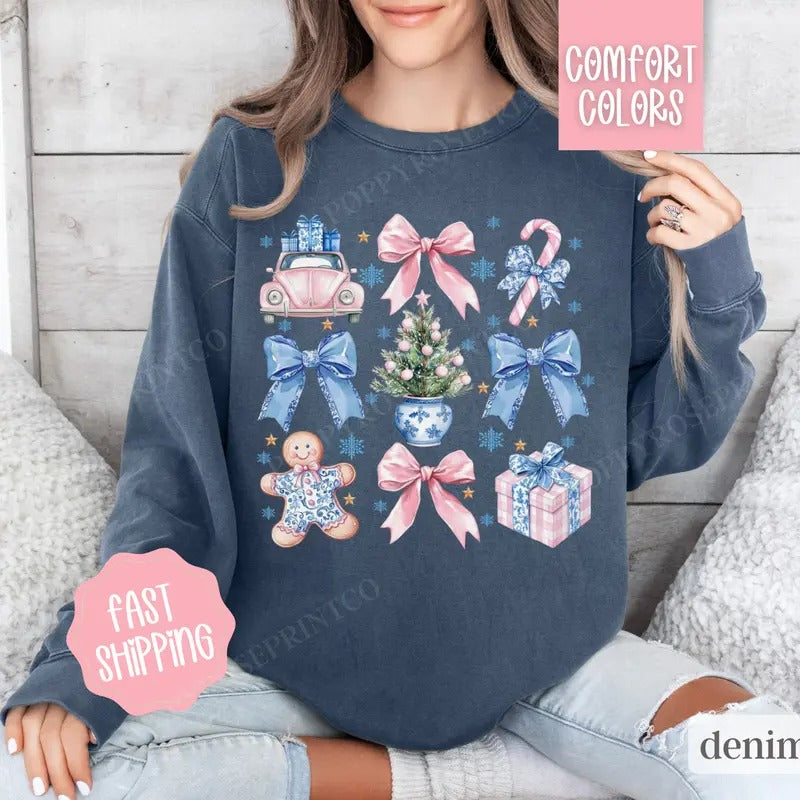 Chinoiserie Christmas Comfort Colors Sweatshirt, Coquette Christmas Sweater Womenswear, Holiday Crewneck