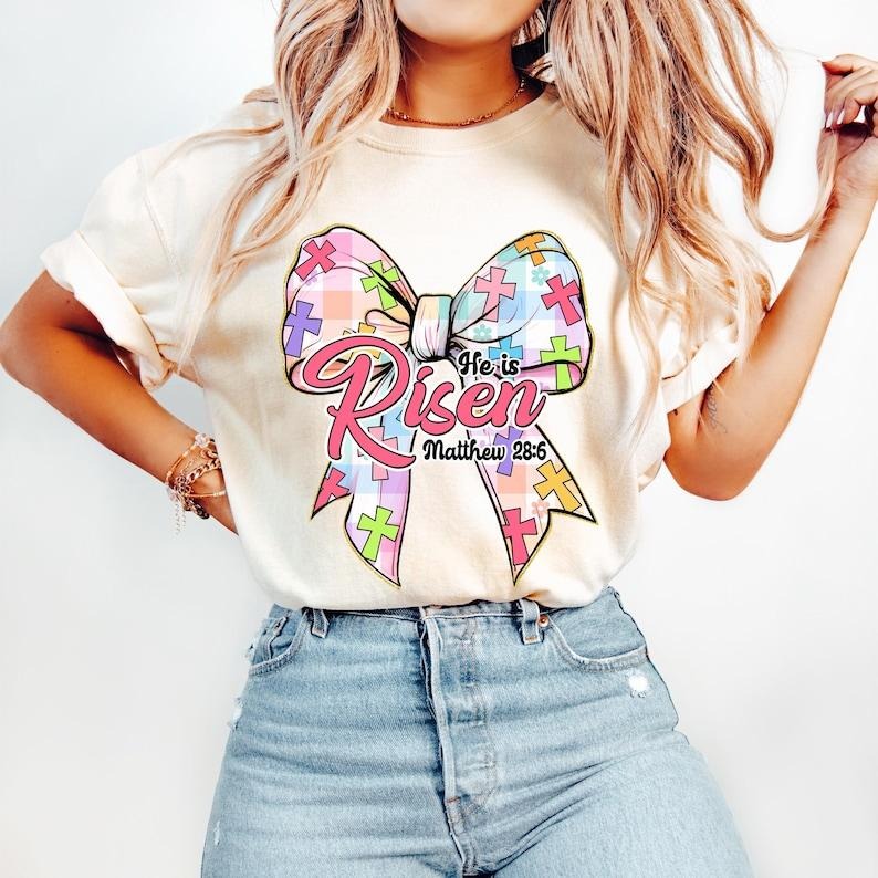Christian Easter Coquette Bow, He is Risen, Retro Checkered Easter, Jesus Cross, Easter Story Tshirt