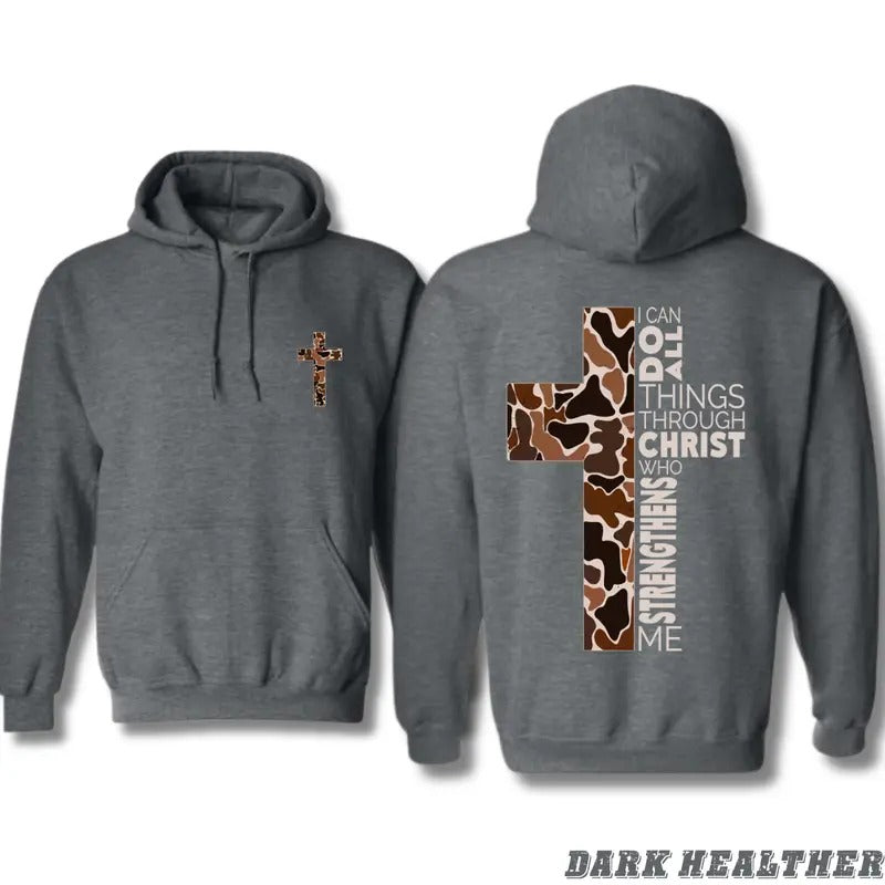 Christian Hoodie - Camo Cross Design with Philippians 4:13 Verse, Cozy Fit for Faithful Believers and Outdoor Enthusiasts - Menswear