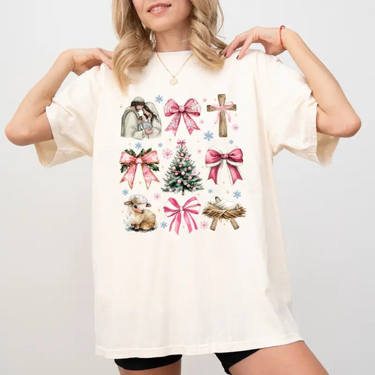 Christian Preppy Coquette Bow Shirt Comfort Colors, Pink Christmas Bows Tees for Christian Mom, Cute Religious T-shirt for Girls, Aesthetic Womenswear