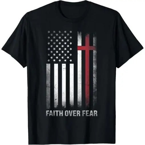 Christian US USA Flag American Christ Faith Over Fear Cross T-Shirt Made in USA
