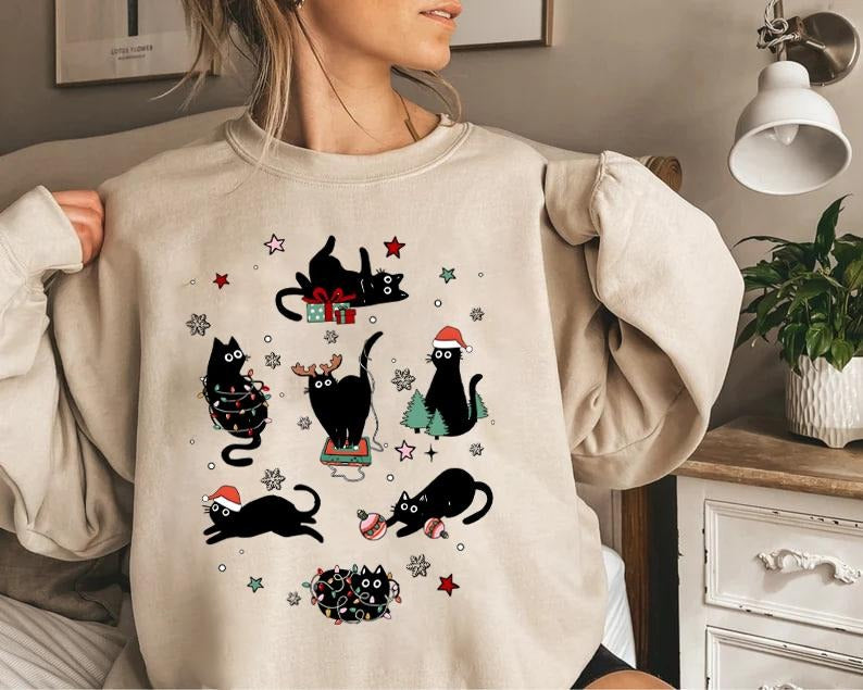 Christmas Black Cat Sweatshirt, Black Cat Christmas Shirt, Kitten Christmas Shirt, Cat Lover Gift, Cat Mom Sweater,Xmas Gift, Holiday Hoodiestyle{n002}2