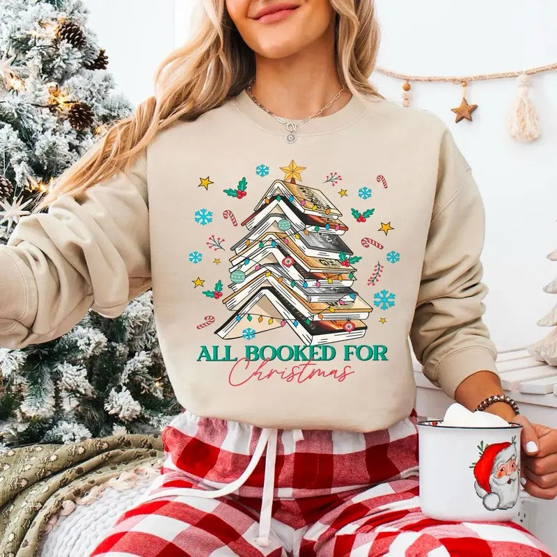 Christmas Book Tree Sweatshirt, Fourth Wing Book Christmas Sweatshirt, All Booked For Christmas Shirt, Bookish Christmas...