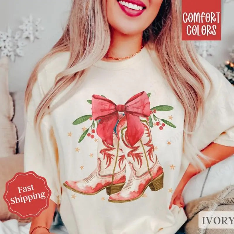 Christmas Boots Shirt Holiday Tshirt, Country Christmas Tee, Women's Holiday Tee