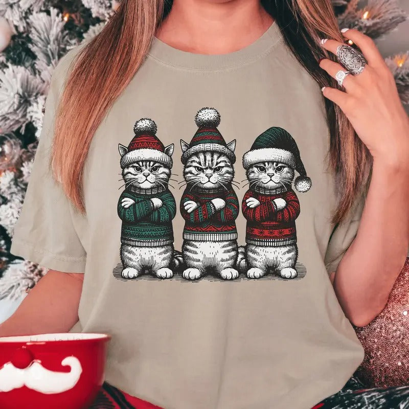 Christmas Cats T-Shirt - Funny Xmas Cat Shirt for Cat Lovers - Pullover, Fabric