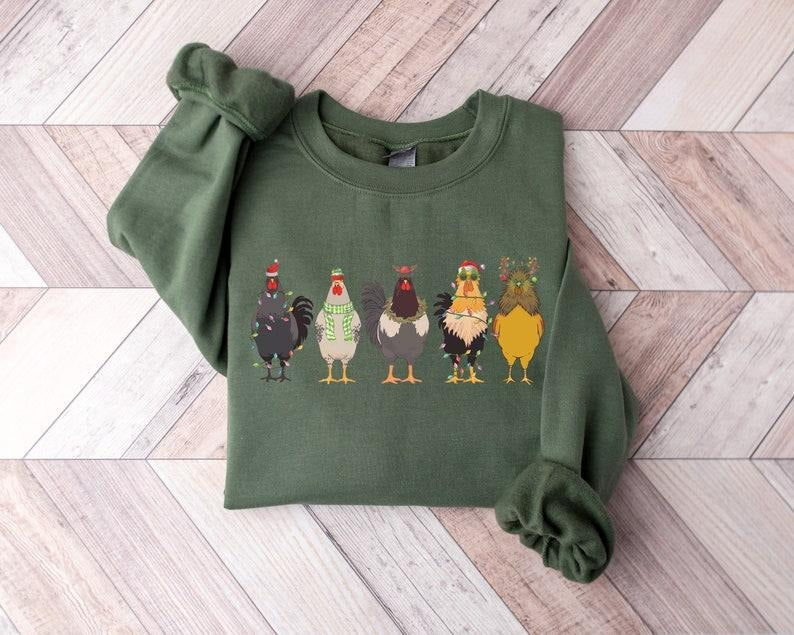 Christmas Chicken Sweatshirt, Farm Animal Christmas Shirt, Funny Chicken Lover Sweater, Christmas Chicken Crewneck, Christmas Lights, Hoodie and Sweater; T-shirt Cotton Menswear