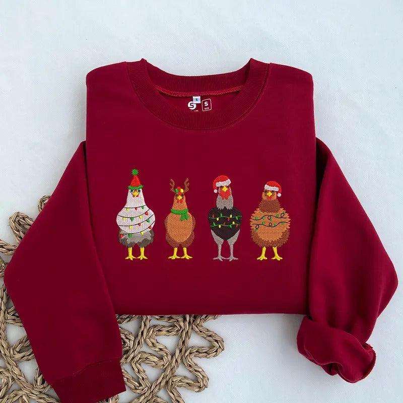 Christmas Chickens Embroidered Sweatshirt, Cute Chicken Farm Animals Holiday Embroidered Crewneck
