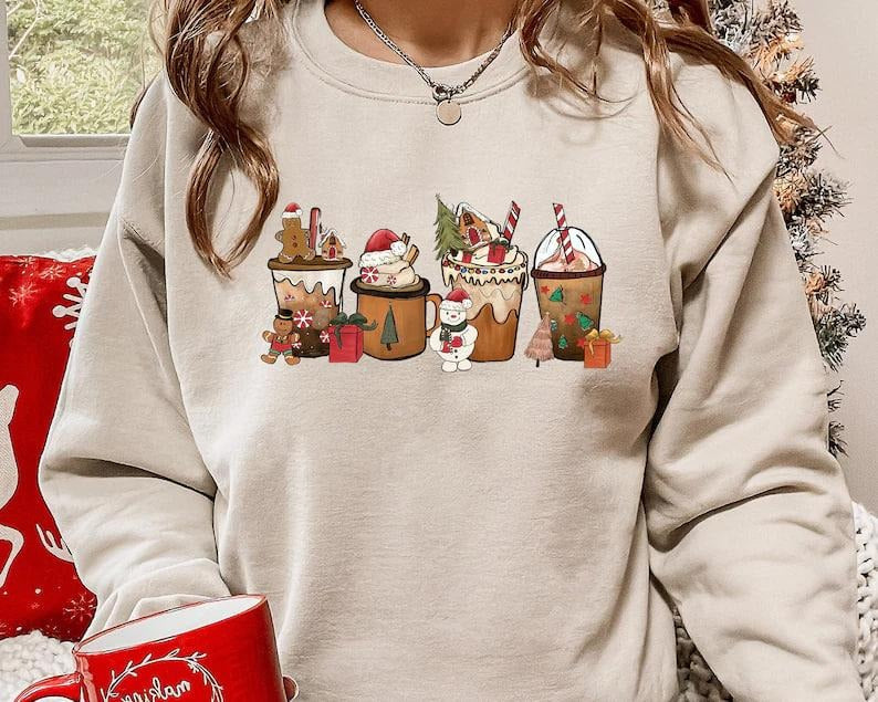 Christmas Coffee Crewneck Sweatshirt, Gingerbread Christmas Drinks Shirt, Coffee Lover Xmas Gift, Christmas Sweatshirt...