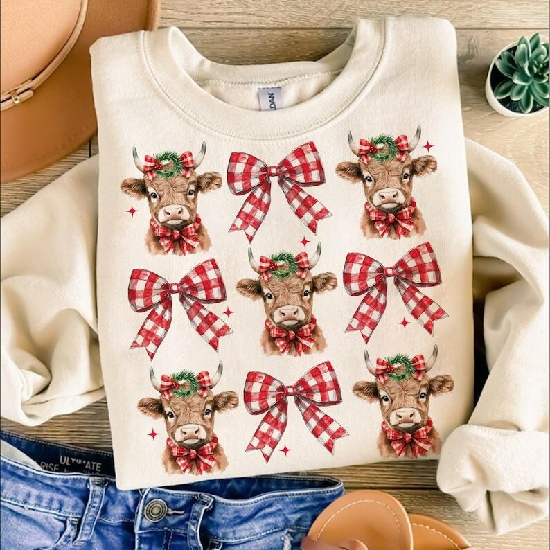 Christmas Coquette Highland Cow | Western Xmas Sweatshirt | Aesthetic Crewneck Design T-Shirts, Hoodie | WearSparks.com