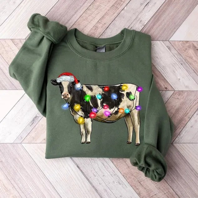 Christmas Cow Sweatshirt, Cow Lights Sweater, Cow Women Sweatshirt, Cow Lover Youth Shirt, Christmas Youthshirt, Highland Cow Crewneck