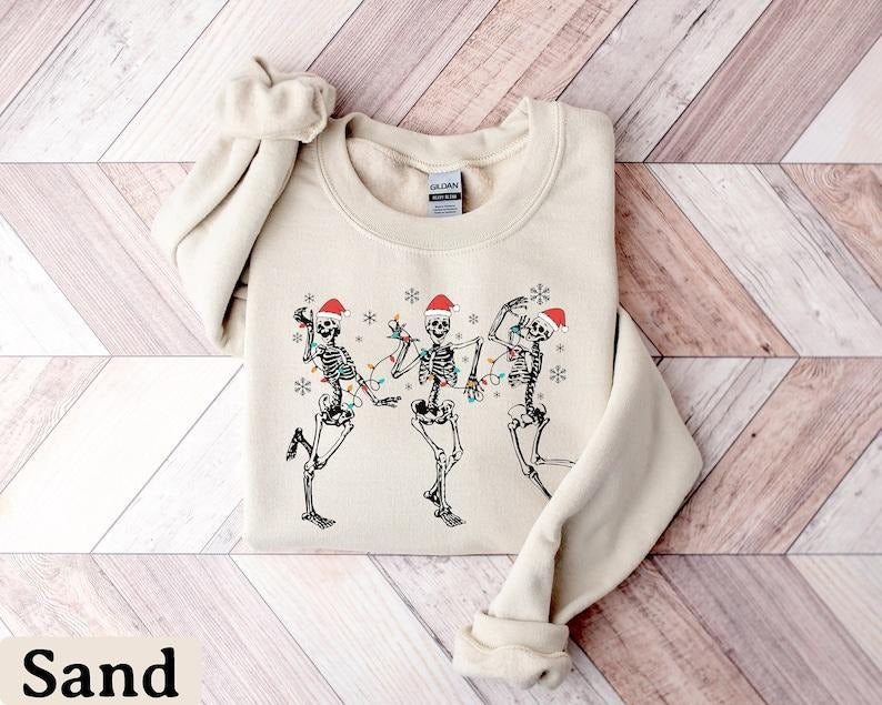 Christmas Dancing Skeleton Sweatshirt, Skeleton Christmas Shirt, Christmas Crewneck, Holiday Sweater, New Year Shirt, Christmas Lights Shirt, Hoodie and Sweater; T-shirt Cotton Menswear