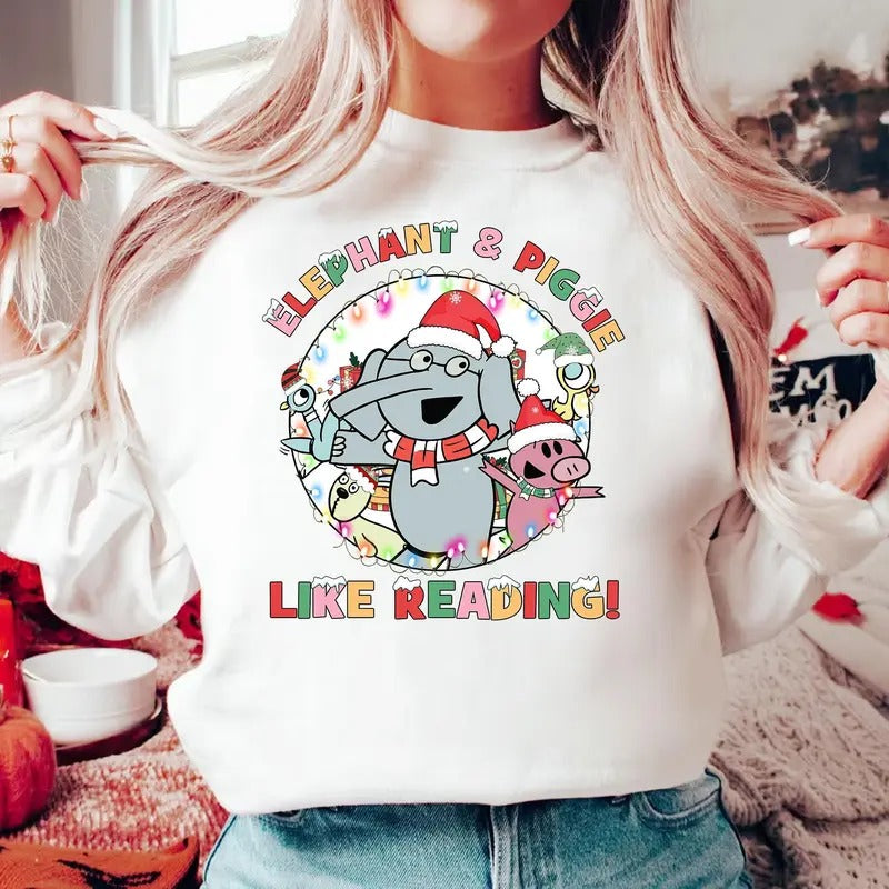 Christmas Elephant And Piggie Like Reading Shirt Teacher Xmas Gift Children Book Xmas Shirt Mo Willems Teacher Shirt Christmas Shirt