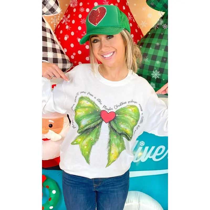 Christmas Green Bow Graphic Long Sleeve T-Shirt