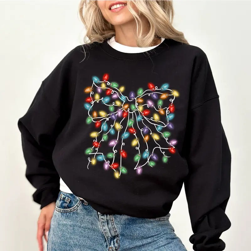 Christmas Light Coquette Bow Sweatshirt, Girly Christmas Coquette Bow Crewneck, Christmas Light Bow Sweater for Girls, Christmas Season Crewneck, Cute Coquette Tops for Women, Xmas Sweatshirt, Comfy Long Sleeve Pullover, Women's Tops, Casual Womenswear