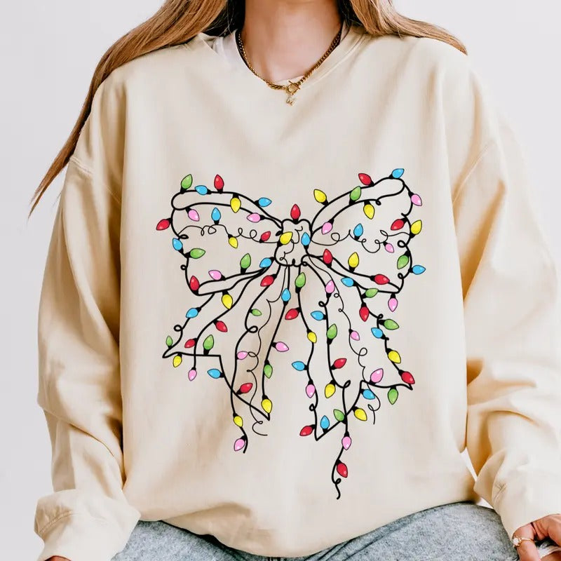 Christmas Lights #2 Bow Crewneck, Christmas Sweatshirt, Holiday Christmas Sweatshirt, Winter Season Graphic, Casual Cotton Crewneck, Polyester, Oversized
