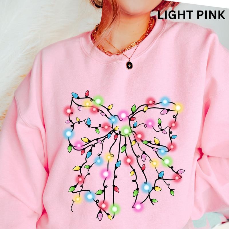 Christmas Lights #3 Bow Crewneck, Christmas Bow Sweatshirt, Holiday Christmas Sweatshirt, Winter Season Graphic, Casual Cotton Crewneck, Polyester, Oversized