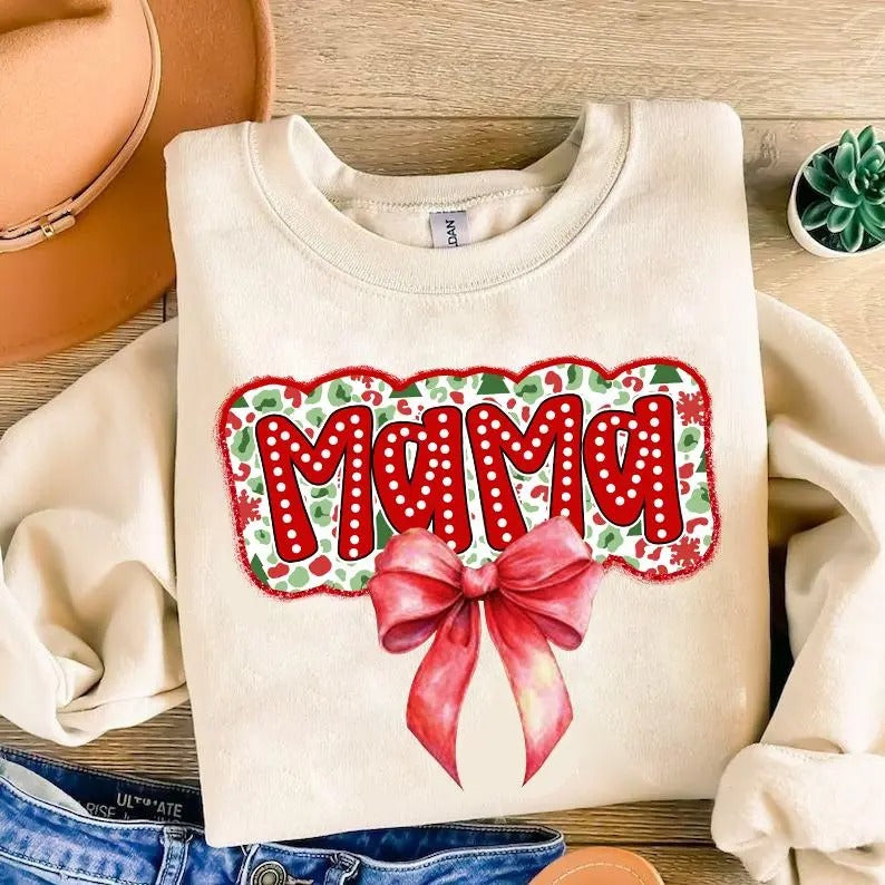 Christmas Mama Coquette Shirt with Mama Claus and Xmas Doodles - Pullover, Fabric