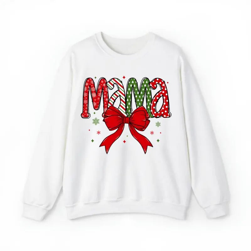 Christmas Mama Coquette Sweatshirt, Mama Claus Sweatshirt, Merry Mama Christmas Coquette Bow Sweatshirt, Soft Cotton...