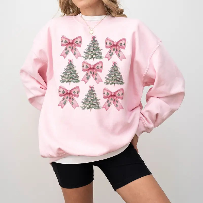 Christmas Pink Bows Tree Sweatshirt, Christmas Coquette Bow Sweatshirt, Christmas Pink Bows Tree Sweater, Coquette Pink Christmas Sweatshirt