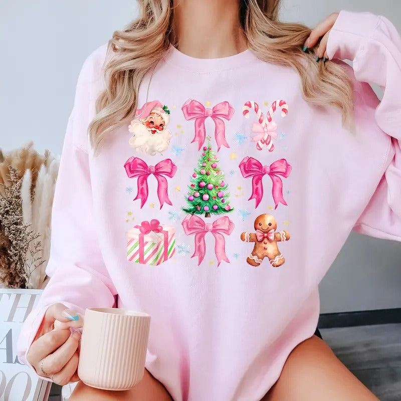 Christmas Pink Coquette Sweatshirt, Pink Christmas Bow Santa Claus Sweater, Xmas Holiday Shirt, Girly Christmas Shirt, Merry Christmas, Winter Sweatshirt