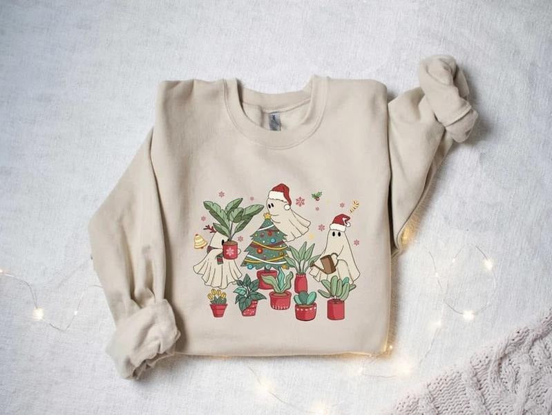Christmas Plant Lady Sweatshirt, Christmas Plant Ghost Shirt, Ghost Santa Sweater, Plant Lover Shirt, Christmas Gift, Holiday Ghost Sweater
