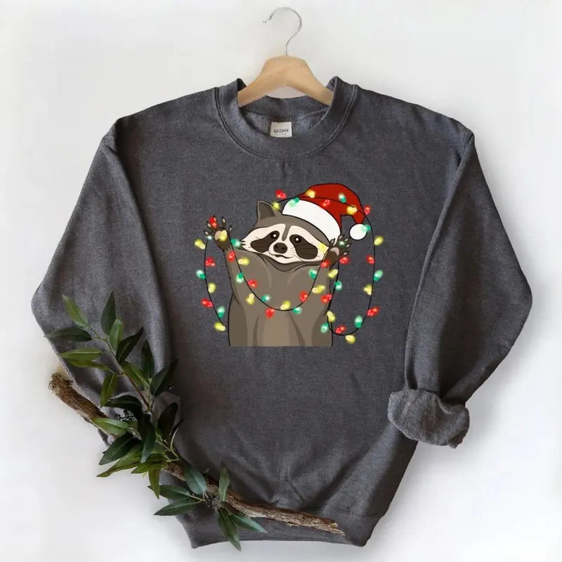 Christmas Racoon Sweatshirt, Funny Christmas Lights Raccoon Sweater, Happy Holiday Christmas Shirt, Christmas Racoon Shirt